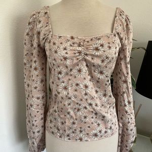 Soft pink blouse with slightly puffed sleeves, flower pattern, silky satin feel